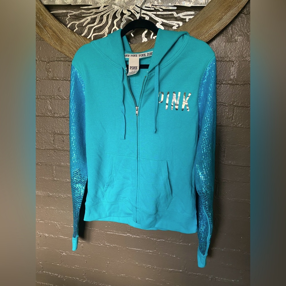 NWOT Victoria’s Secret PINK 2-tone BLING sleeve turquoise hoodie 💎